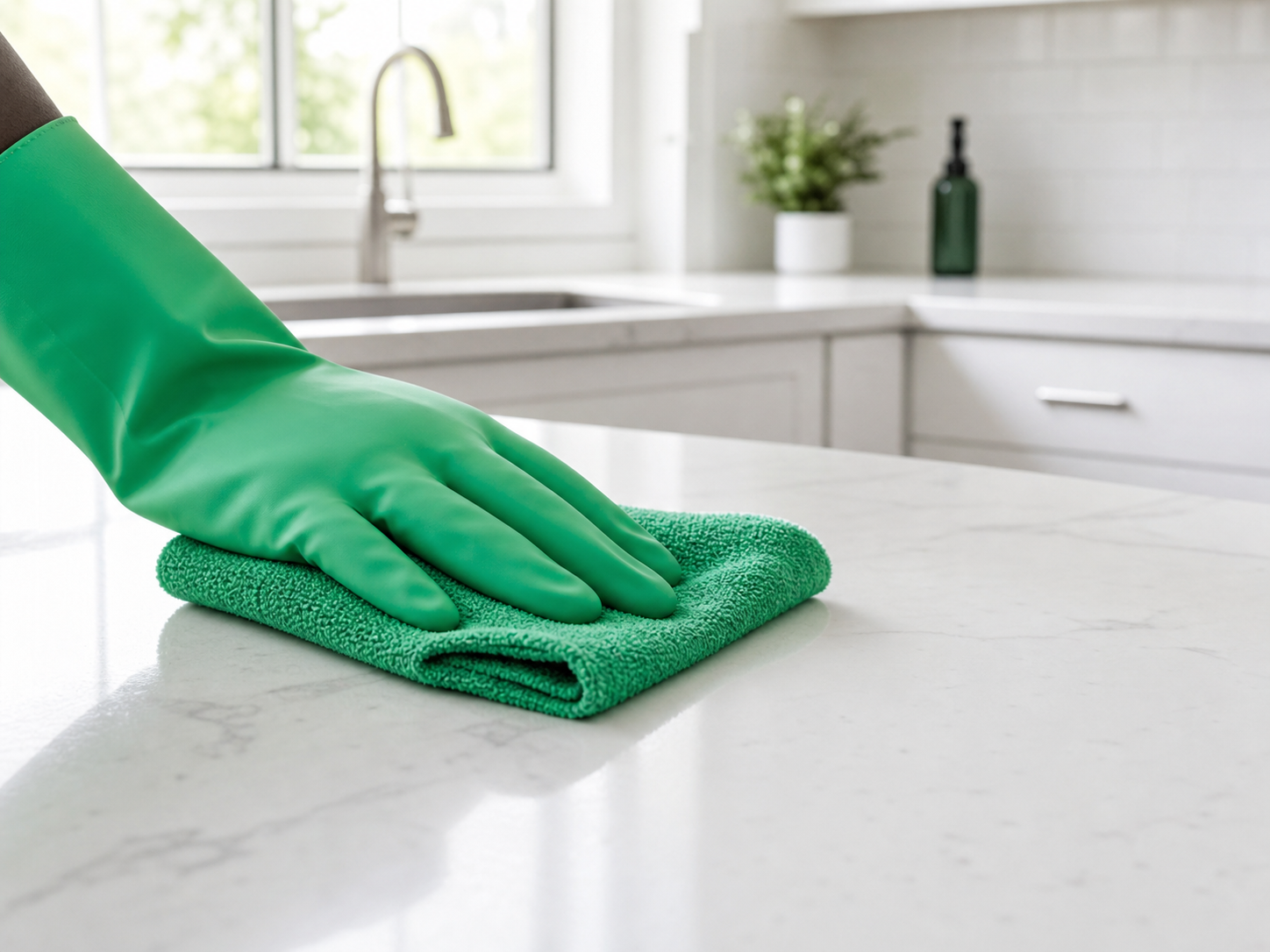 Gloved hand deep cleaning a kitchen counter