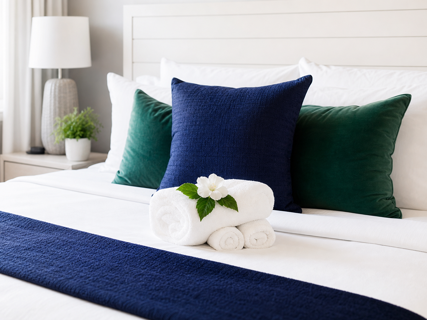 Freshly made vacation rental bed
